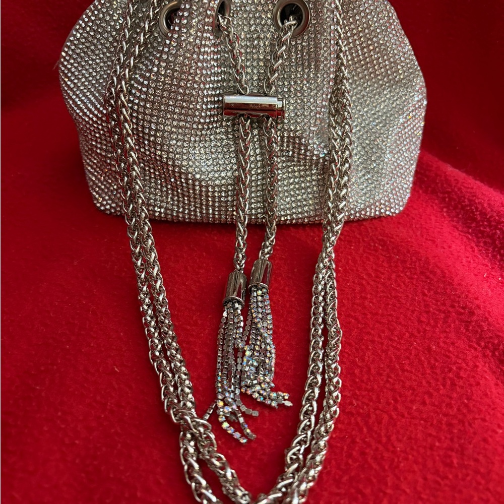 Silver Rhinestones Drawstring Mini Bucket Bag - Picture 6 of 8
